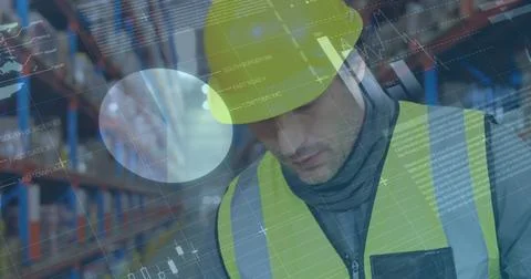 Image of statistics and financial data processing over man working in warehouse Stock Photos