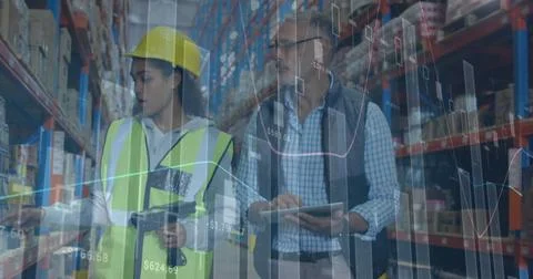 Image of statistics and financial data processing over man and woman working in Stockfoto's
