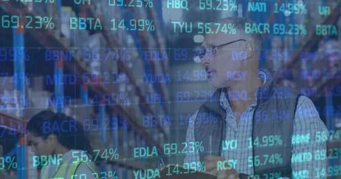 Image of statistics and financial data processing over man and woman working in Foto stock