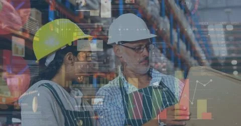 Image of statistics and financial data processing over man and woman working in Stock Photos