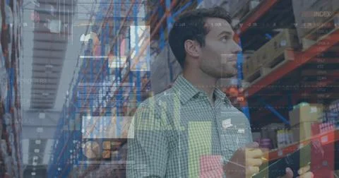 Image of statistics and financial data processing over man working in warehouse Stock Photos