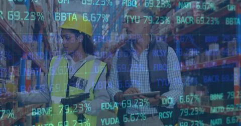 Image of statistics and financial data processing over man and woman working in 스톡 사진