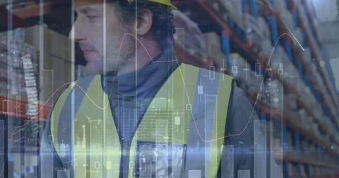 Image of statistics and financial data processing over man working in warehouse Stock Photos
