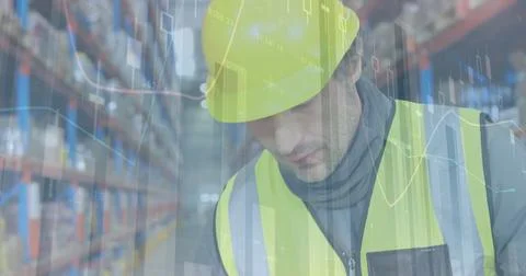 Image of statistics and financial data processing over man working in warehouse Stockfoto's