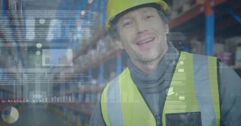 Image of statistics and financial data processing over man working in warehouse Stock Photos