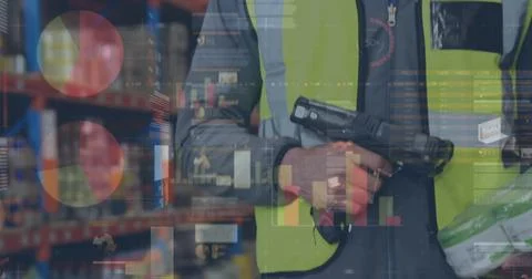 Image of statistics and financial data processing over man working in warehouse Stock Photos
