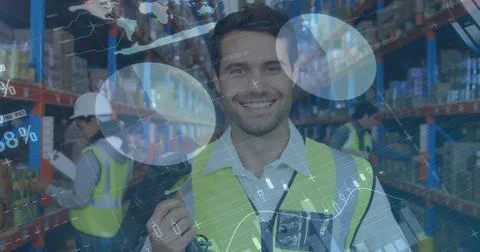 Image of statistics and financial data processing over man and woman working in Stock Photos