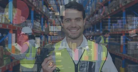 Image of statistics and financial data processing over man working in warehouse Stock Photos