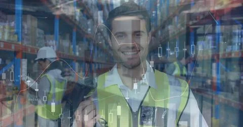 Image of statistics and financial data processing over man and woman working in Foto stock