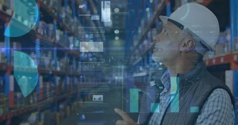 Image of statistics and financial data processing over man working in warehouse Stock Photos
