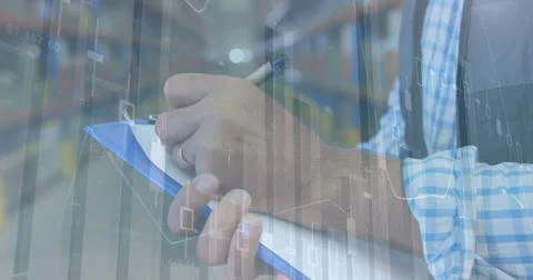 Image of statistics and financial data processing over man working in warehouse Stock Photos