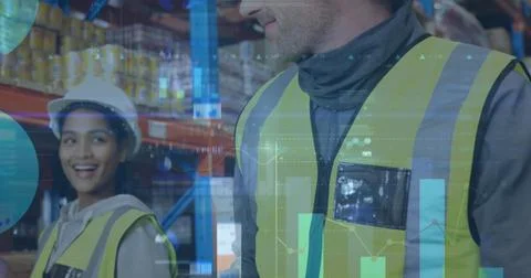 Image of statistics and financial data processing over man working in warehouse Stock Photos