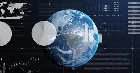 Image of statistics and financial data processing over globe Foto stock
