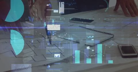 Image of statistics and financial data processing over business people in 스톡 사진