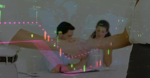 Image of statistics and financial data processing over business people shaking Foto stock