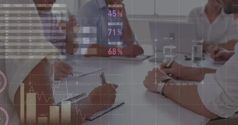 Image of statistics and financial data processing over business people in Foto stock