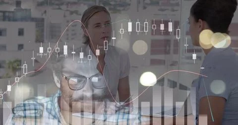 Image of statistics and financial data processing over business people in Foto stock