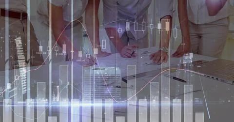 Image of statistics and financial data processing over business people in Foto stock