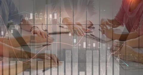 Image of statistics and financial data processing over business people stacking 库存照片