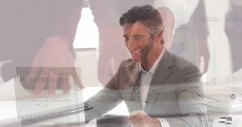 Image of statistics and financial data processing over smiling businessman in 스톡 사진