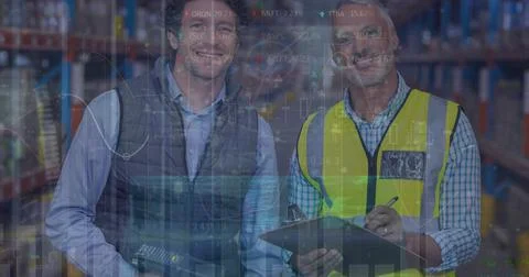 Image of statistics and financial data processing over delivery man and van Foto stock