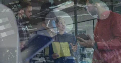 Image of statistics and financial data processing over man and woman working in Stock Photos