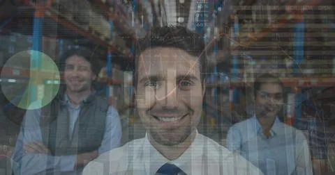 Image of statistics and financial data processing over man working in warehouse Stock Photos