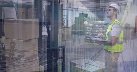 Image of statistics and financial data processing over man using smartphone 库存照片