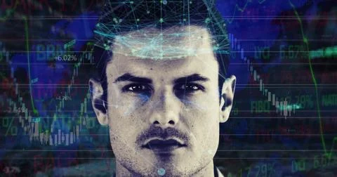 Image of statistics and financial data processing over caucasian man Stock Photos