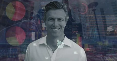 Image of statistics and financial data processing over caucasian man 스톡 사진