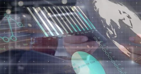 Image of statistics and financial data processing over caucasian man using Foto stock