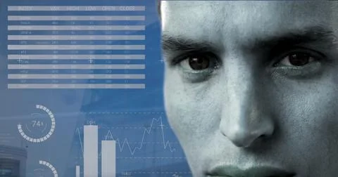 Image of statistics and financial data processing over caucasian man Stock Photos