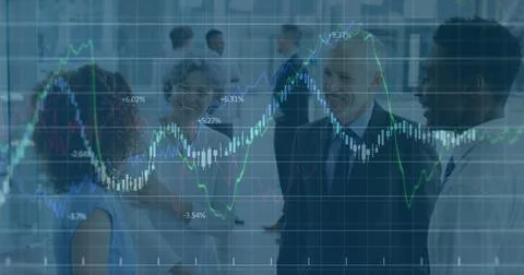 Image of statistics and financial data processing over business people Stock Photos