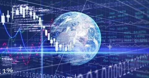 Image of statistics and financial data processing with binary coding over globe Stock Photos