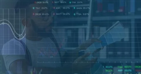 Image of statistics and financial data processing over diverse business people Stock Photos
