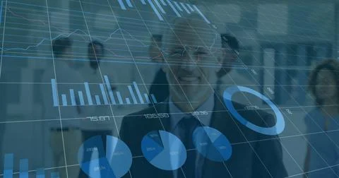 Image of statistics and financial data processing over business people Stock Photos
