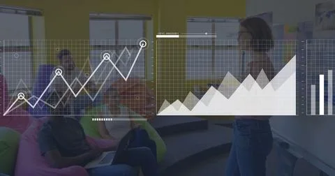 Image of statistics and financial data processing on screens over transparent Stock Photos