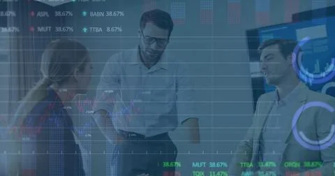 Image of statistics and financial data processing over business people Stock Photos