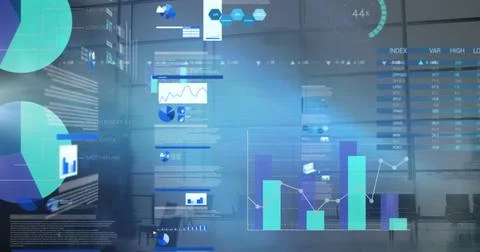 Image of statistics and financial data processing over busy office Stock Photos