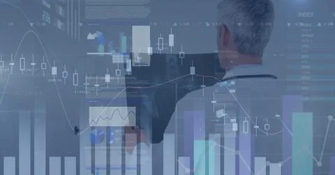 Image of statistics and financial data processing over man using smartphone Stock Photos