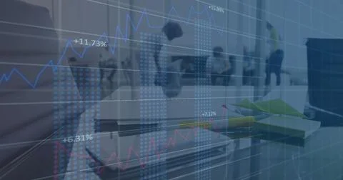 Image of statistics and financial data processing over diverse business people Stock Photos