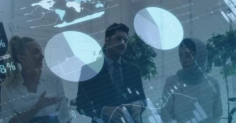 Image of statistics and financial data processing over diverse business people Stock Photos