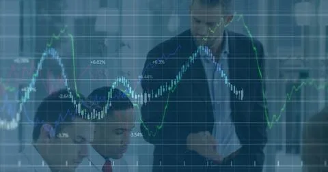 Image of statistics and financial data processing over business people Stock Photos