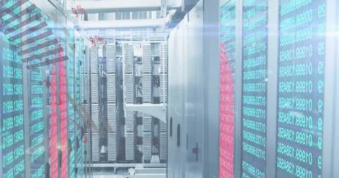 Image of statistics and graphs rolling over a server room with screens showing Stock Photos