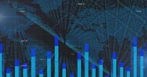 Image of statistics and lines recording over world map and numbers changing イラスト素材