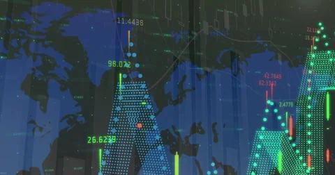 Image of statistics and numbers, financial data processing over world map Stock Illustration
