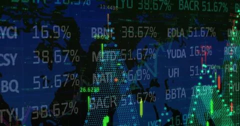 Image of statistics and numbers, financial data processing over world map Stock Illustration