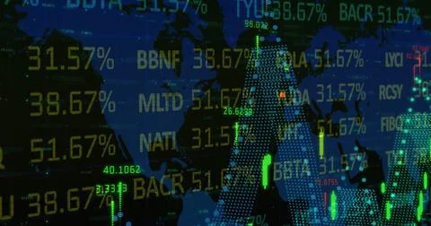 Image of statistics and numbers, financial data processing over world map Stock Illustration