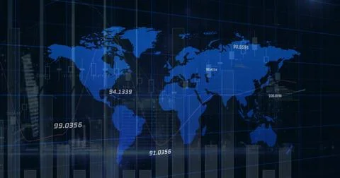 Image of statistics and numbers, financial data processing over world map Stock Illustration