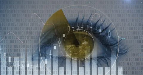 Image of statistics and scope scanning with binary coding over woman's eye in Stock Photos